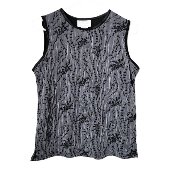 VUE POINT VINTAGE 90s Crinkle Mesh Sheer Tank Top Black Floral Overlay S - Picture 2 of 11